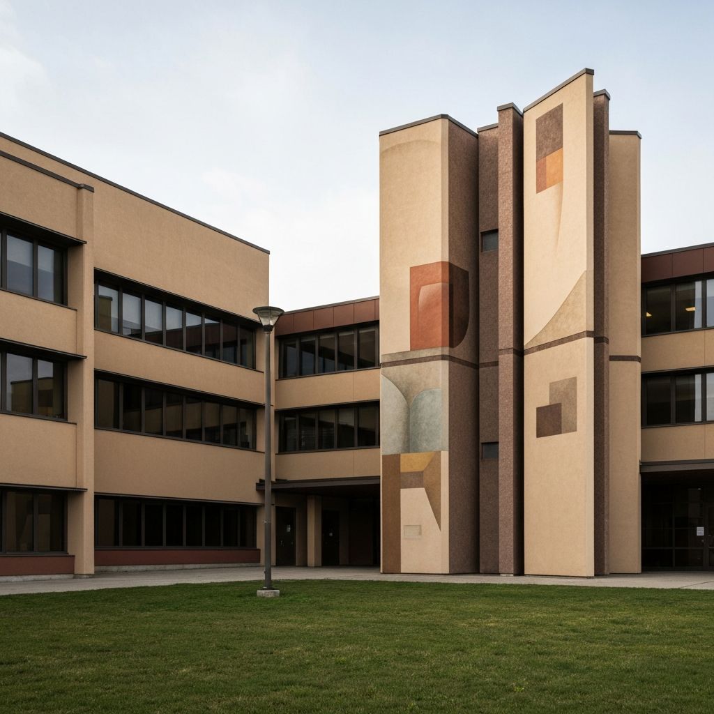 Edificio institucional que simboliza estabilidad y conocimiento con arquitectura profesional y académica