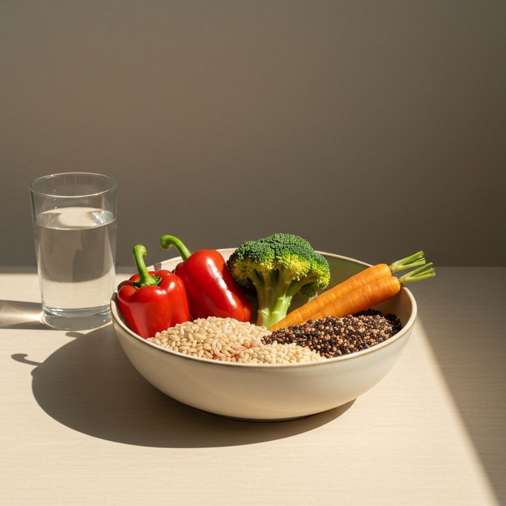 Cuenco con verduras coloridas, granos integrales y un vaso de agua sobre superficie clara, demostrando principios de nutrición balanceada